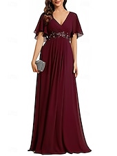 baratos Vestidos para Madrinhas-Linha A Vestido de Madrinha Decote V Manga Curta Elegante Longo Chiffon com Apliques / Franzido 2022