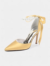 cheap Cocktail-Women&#039;s Champagne Satin Wedding Heels with Pearl Ankle Strap - Elegant Bridal &amp; Cocktail Stiletto Pumps