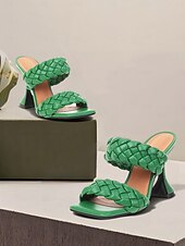 abordables Bal de promo-sandales beiges tressées à talons hauts pour femmes – mules d&#039;été à bout carré et talon épais