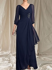 economico Lunghezza del pavimento-Linea ad A Abito da cerimonia per signora Ospite di nozze Elegante Scollo a V Lunghezza al pavimento Chiffon Manica 3/4 con Perline Arricciatura 2025