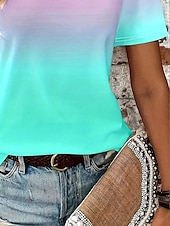 billige Tie Dye og Gradient t-skjorte-Dame T skjorte Nyanse Grafisk Fargegradering Fritid Kortermet Rund hals Vanlige topper Daglig Ut på byen Helg Trykt mønster Lyseblå Sommer