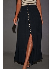 abordables Robes-Jupes femme inspirées du lin, mode, maxi, taille mi-haute, uni, ourlet asymétrique, extrémités fourchues, micro-élastique, vacances, rue, noir, blanc, été, coton