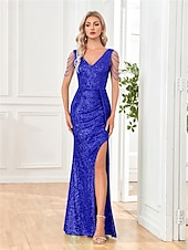 voordelige Schoolfeestjurken-Zeemeermin  Trompet Quinceañera Jurken Elegante Jurk Bruiloft Bruiloft Gast Vloerlengte Mouwloos V-Hals Polyester met Pailletten