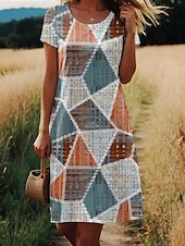 tanie Sukienki w paski i geometryczne-Mini sukienka dla kobiet sukienka w kształcie litery A sukienka T-shirt sukienka letnia stylowa casual codziennie regularny krój graficzna geometryczna krótki rękaw okrągły dekolt niebieska fioletowa