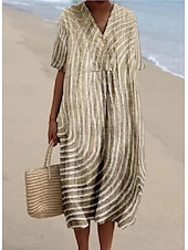 preiswerte Streifen- und geometrisches Kleid-Damen Midikleid Sommerkleid A Linie Kleid Urlaub Lässig Strand Ausgehen Lässiger Schnitt Grafik Geometrisch Kurzarm V Ausschnitt Weinrot Orange cremefarben Dunkelgray Sommer