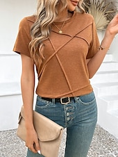 abordables T-shirt uni-T-shirt femme de couleur unie Uni Mode Moderne Décontracté Manches courtes Col rond Hauts réguliers Quotidien Week-end Noir Rose Marron Gris Été