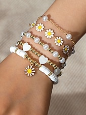 cheap Women&#039;s Bracelet-&quot;Boho Daisy Pearl Bracelet Set for Women – Gold Chain &amp; Beaded Layered Bracelets, Cute Floral Jewelry for Summer, Beach, Festivals and Casual Wear&quot;