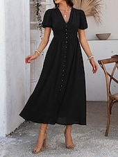 preiswerte Einfaches Kleid-Damen Maxi Kleid A-Linie Kleid Einfarbig Fit And Flare Kleid Puffärmelkleid Lässig Urlaub Täglich Reguläre Passform Grafik Kurzarm V-Ausschnitt Schwarz Gelb Pink Himmel Blau Sommer