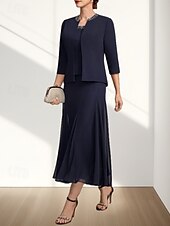 olcso Tea hossza-Két részes A-vonalú menyecske anyukájának ruha Esküvői vendég Elegáns Kerek nyak Tea hosszúságú Chiffon 3/4 Hosszú ujjú Gyöngyözéssel Midi ruha 2025