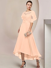 economico Lunghezza del tè-Abito per madre della sposa A-Line ospite di matrimonio elegante scollo a barchetta asimmetrico lunghezza tè chiffon pizzo manica mezza con applicazioni di perline 2025 taglia personalizzata gratuita