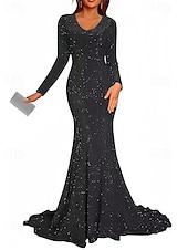 preiswerte Abendkleider-Meerjungfrau  Trompete Abendkleid Elegantes Kleid Formelle Black Tie Gala Court Zug Langarm V-Ausschnitt Lurex-Stoff mit Glitzer