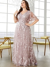 preiswerte Unter 129,99 $-Plus Size Kleid Mutter der Braut Kurvenkleid Elegantes V-Ausschnitt Bodenkleider Spitze Kurzarm mit Spitze 2025