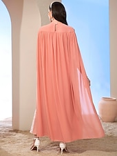 cheap Under $129.99-A-Line Cape Dress Mother of the Bride Dress Elegant Vintage Party Crew Neck Floor Length Chiffon Long Sleeve with Beading Embroidered Lace Applique