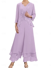 economico Tailleur pantalone della mamma-Set di Abiti Madre della Sposa Abito Ospite di Matrimonio Elegante Semplice V Collo Lunghezza Piena Poliestere Maniche Lunghe con Ricamo