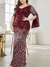baratos AZUL-Vestido Plus Size Mãe da Noiva Vestido de Curvas Elegante Festa Decote em V Comprimento do Chão Spandex Manga Longa com Lantejoula 2025