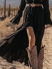 preiswerte Ausgefallene Kleider-Damen Midikleid Boho-Kleid Westernkleid Mode Klassisch Outdoor Täglich Ferien Normale Passform Einfach Langarm V Ausschnitt Schwarz Sommer