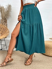 abordables Jupes unies-Femmes Jupe Évasé Mode Occasionnel Maxi Taille haute Jupes Couleur Unie A Volants Fendu Micro-Élastique Décontracté Quotidien Week-end Noir Bleu Vert Été Polyester