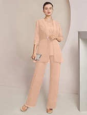 levne Máminy kalhotové kostýmy-Plážový svatební overal  kalhotový oblek 3 díly pro matku nevěsty formální svatební host elegantní šaty s kulatým výstřihem podlahová délka z chiffonu krajky třpytivé 3/4 délka rukávu s krajkovým