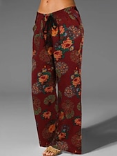 baratos Calça de linho de algodão simples-Mulheres Calças de linho de algodão Calças Calça Palazzo Moda Roupa de rua Comprimento total Natural Floral Estampado Design de cordão elástico Confortável Exterior Rua Roupa Diária Para Noite