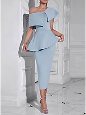 abordables Robes de cocktail-Robe cocktail sirène  trompette robe élégante formelle anniversaire longueur thé sans manches épaule dénudée crêpe extensible dos échelle avec boutons en strass robe fendue