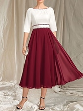 preiswerte Teelänge-A-Linie Brautmutterkleid Hochzeitsgast Elegantes Rundhals Tee-Länge Chiffon Satin Halbarm mit Perlen Raffung Midi Kleid 2025