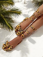 billige Ferietøfler-solsikke-gladiatorsandaler for kvinner – flate sandaler med snøring med sløyfedetalj og leopardprint for sommerstrandtøy og feriestil