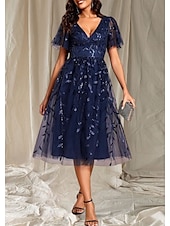 economico Matrimonio Informale / Di Giorno-Abito A-Line Madre della Sposa Ospite di Nozze Elegante Scollatura a V Lungo al Ginocchio in Pizzo Maniche Corte con Abito Midi in Pizzo