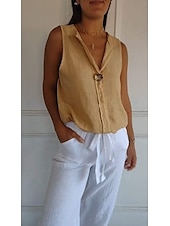 cheap Shirts-Women&#039;s Cotton Linen Shirt Blouse Solid Color Elegant Casual Sleeveless V Neck Regular Tops Daily Holiday Buttons White Navy Blue Green Khaki Summer Spring