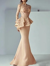 voordelige Vloerlengte-Zeemeermin moeder van de bruid jurk formele bruiloft gast elegante scoop hals vloer lengte kant stretch stof lange mouw met ruffles applicaties 2025 gratis maat op maat