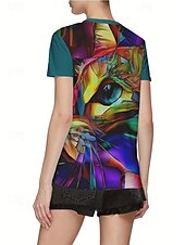 levne trička-Dámské Tričko Letní vrcholy Barevné bloky Kočka Klasické Na běžné nošení Krátký rukáv Tričkový Crop Tops Denní Víkend Tisk Duhová Léto Jaro Podzim