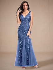 abordables Longueur du plancher-Sirène / Trompette Robes pour invités de mariage Élégant Robe robe demoiselle d honneur Longueur au sol Sans manches Col en V Dentelle avec Appliques 2025