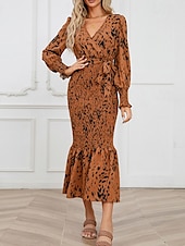preiswerte abendkleider-Damen Midikleid Cocktailkleid Etui-Kleid Mode Urlaub Ferien Teegesellschaft Normale Passform Leopard Langarm V Ausschnitt Schwarz Khaki Aprikose Sommer