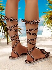 billige Ferietøfler-solsikke-gladiatorsandaler for kvinner – flate sandaler med snøring med sløyfedetalj og leopardprint for sommerstrandtøy og feriestil
