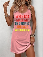 cheap Humor&amp;Quotes Dress-Women&#039;s GOD Mini Dress A Line Dress Summer Dress Off The Shoulder Dress Casual Party Daily Holiday Loose Fit Graphic Letter Sleeveless U Neck Black White Pink Blue Summer