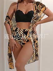 billiga Bikiniset-Kvinnors Baddräkter Bikini Tre Delad Troser Baddräkt Rygglös Mage Kontroll Hög Midja Slim Semester Strandkläder Löv V Nack Långärmad Baddräkter