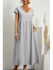economico Vestiti-Per donna Abito Midi Abiti ispirati al lino Abito in cotone e lino Essenziale Classico Moderno Vacanza Quotidiano Ferie Vestibilità regolare Semplice Manica Corta Scollo a V Nero Verde chiaro Rosa