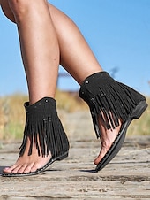 billiga Semester Sandaler-damsandaler i boho-stil med bruna fransar – trendiga och flytande skor för musikfestivaler, strandpromenader och avslappnade utomhussammankomster