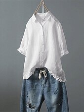 economico Camicie-Per donna Camicia Blusa Camicie di cotone e lino Semplice Essenziale Moderno Manica Corta Colletto a Camicia Top Regolari Quotidiano Ferie Uscire Bottoni Bianco Giallo Rosa Blu marino Azzurro Estate