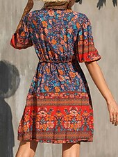billige Boho-kjole-Dame Mini kjole Kjole med A-linje Ferie Fritid utendørs Ut på byen Normal Grafisk 3/4 ermer V-hals Rød Oransje Aprikos Sommer