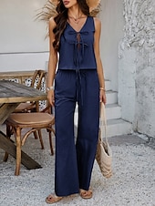 cheap Sets-Women&#039;s Active Basic Linen-Inspired Sets Two Piece Sets Vest Sleeveless V Neck Solid Color Lace up Casual Daily White Wine Dark Navy Summer Regular Fit