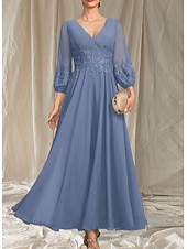 abordables Longueur du thé-Robe Mère de la Mariée A-Line Invité de Mariage Élégante Col en V Mi-Longue en Chiffon À Manches Longues avec Perles Appliques Robe Midi 2025