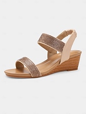 tanie Kobiety-damskie sandały na koturnie z kryształkami – brązowe, odkryte palce, elastyczne paski, wygodne buty na lato, okazje codzienne i eleganckie