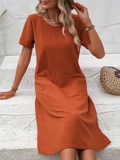 cheap Plain Dress-Women's Midi  Faux Cotton Linen  Dress A Line Dress Summer Dress Casual Daily Loose Fit Plain Short Sleeve Crew Neck Black Orange Army Green Apricot Summer