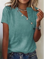 お買い得  プレーンTシャツ-女性用 Tシャツ ドレッシーなトップス 純色 スタイリッシュ カジュアル 半袖 非対称ネック レギュラートップス 日常 ボタン ブラック ホワイト ピンク グリーン グレー 夏