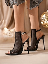cheap Dress Sandals-Women&#039;s Black Mesh Peep-Toe Stiletto Sandals – Sexy High Heel Party Shoes with Ankle Strap