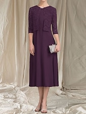 abordables Longueur du thé-Robe Mère de la Mariée A-Line Deux Pièces Invité de Mariage Élégante Col Arrondi Longueur Thé Chiffon Dentelle Manches 3/4 avec Robe Midi Ruchée en Dentelle 2025