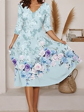 abordables Robes fleuries-Femmes Robe Midi Robe trapèze Robe d&#039;été Vacances Occasionnel Quotidien Coupe régulière Fleuri Graphique manche longue Col en V Rose Claire Bleu Vert Été