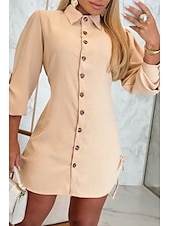 tanie Sukienki-Damskie Sukienka mini Sukienki inspirowane lnem Sukienka koszulowa Codzienne sukienki Moda Klasyczny Codzienny Weekend Regularny Równina Długi rękaw Kołnierzyk koszuli Czarny Biały Zielony Morelowy