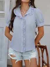 voordelige Dames eenvoudige tops-Dames Overhemd Gestreept Stijlvol Casual Korte mouw Overhemdkraag Normale tops Dagelijks Ruche Knop Afdrukken Wit Blozend Roze blauw Groen Zomer