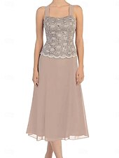 abordables Moins de 129,99 $-Ensembles de Robes Robe de Mère de Mariée  Élégant Simple Une Épaule Longueur thé Polyester manche longue avec Dentelle Couleur Unie 2025